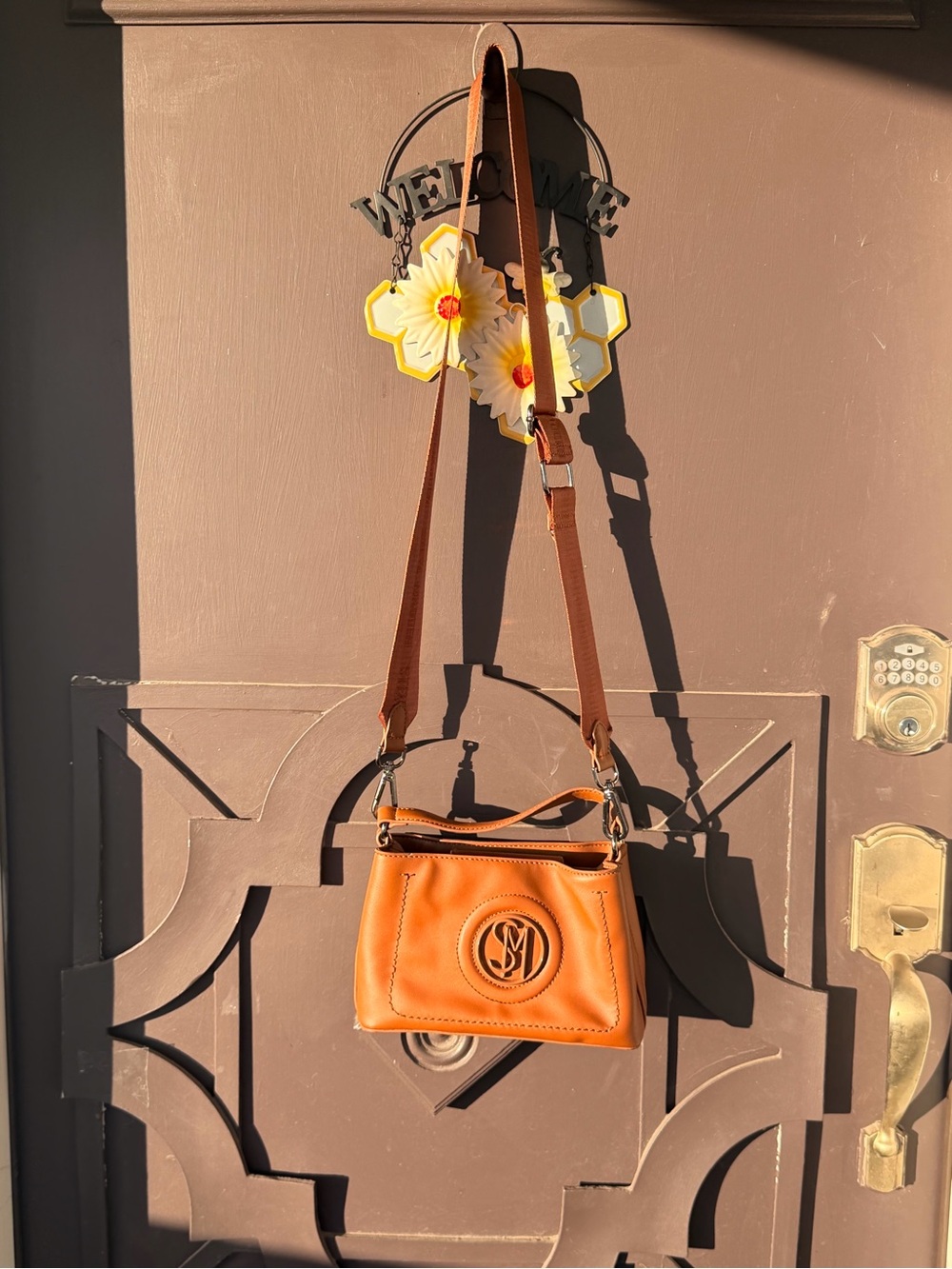 Steve Madden Cognac Leather Crossbody with Signature Medallion